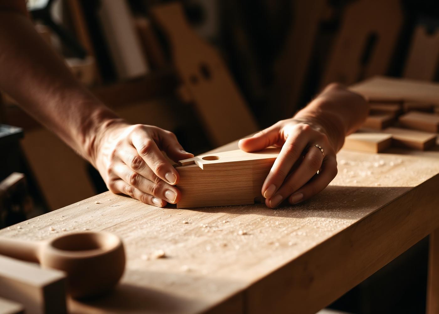 Hands at a wooden workbench shaping a prototype
